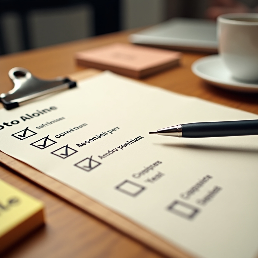 Checklist de onboarding de cliente impreso en papel con casillas marcadas a mano y anotaciones en los márgenes sobre mesa de madera