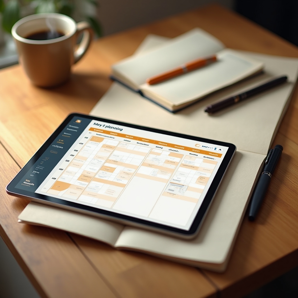 Vista cenital de mesa de trabajo con tablet mostrando aplicación de planificación semanal junto a café y agenda en papel