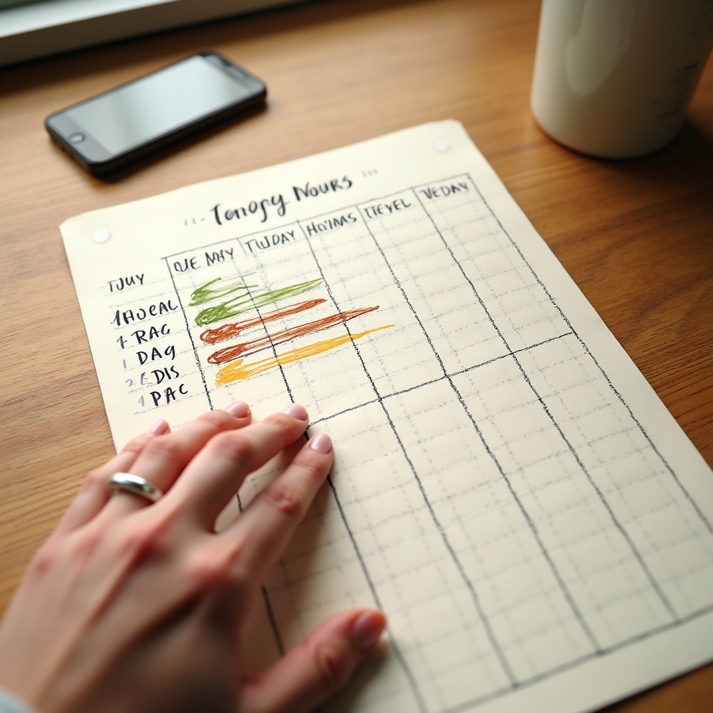 Hoja de trabajo de auditoría de energía personal con gráfico de niveles por horas del día y columnas para tipo de tarea y concentración