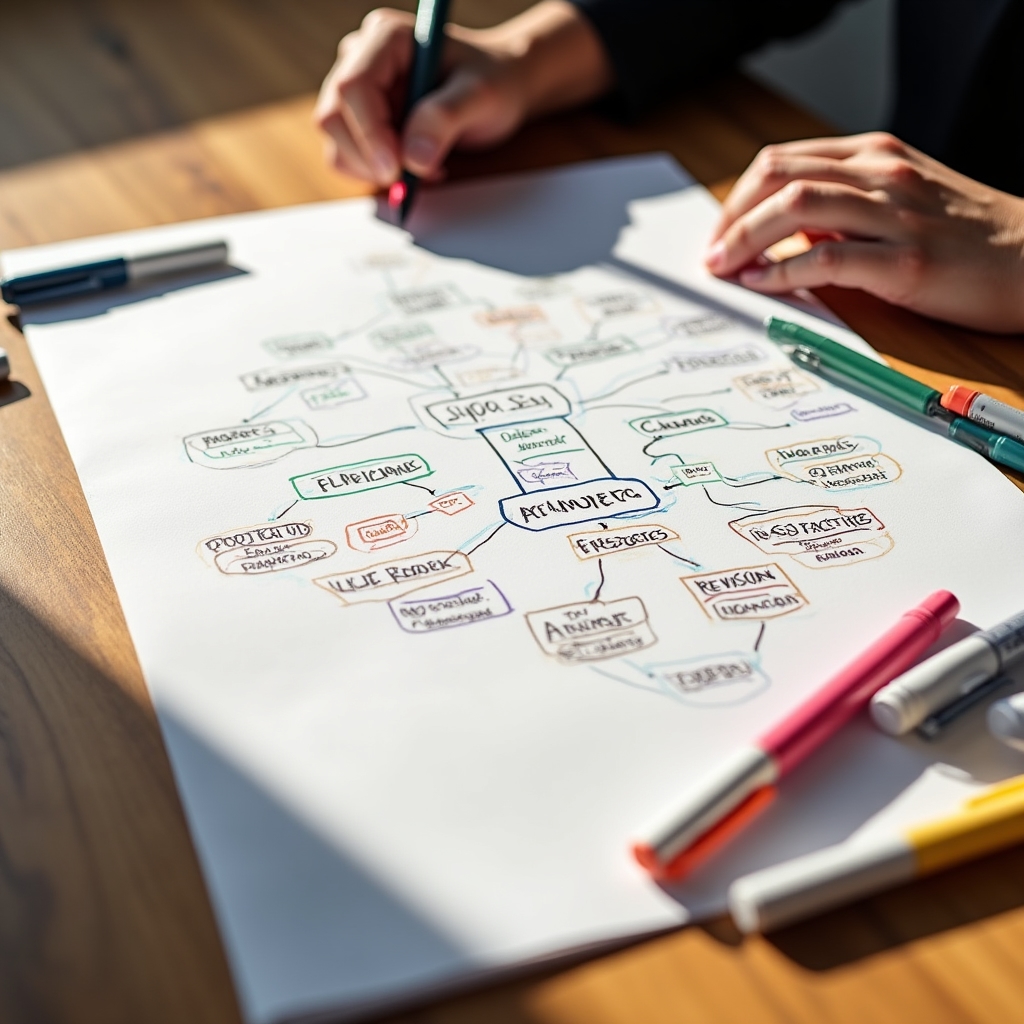 Cuaderno con mapa mental del sistema GTD adaptado a freelance con flechas y categorías escritas a mano sobre fondo de madera