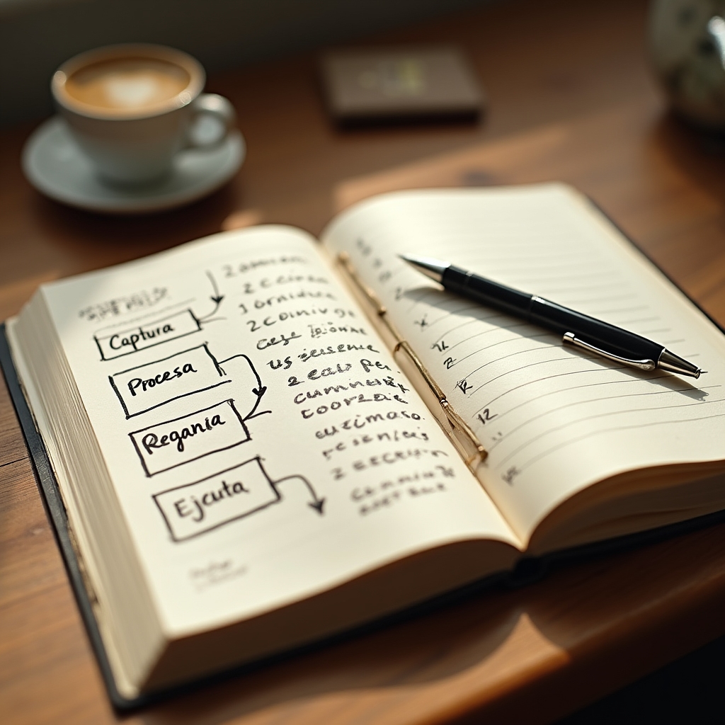 Cuaderno con esquema del método GTD para autónomos con listas de captura y proyectos activos