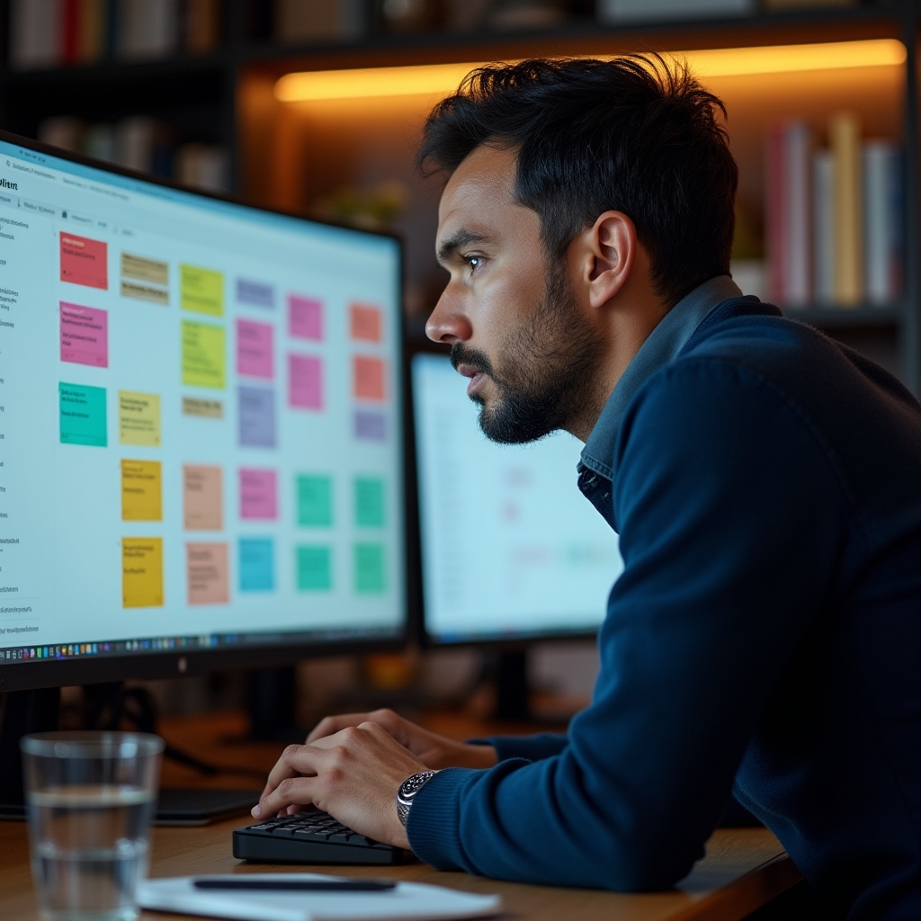 Pantalla de ordenador mostrando un tablero Kanban con múltiples proyectos de clientes organizados por estado