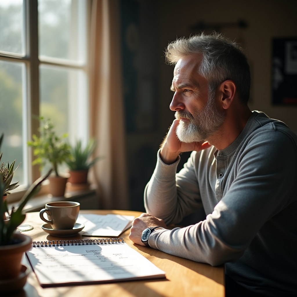 Profesional independiente reflexionando sobre su sistema de trabajo con cuaderno abierto y café en escritorio de madera con luz natural