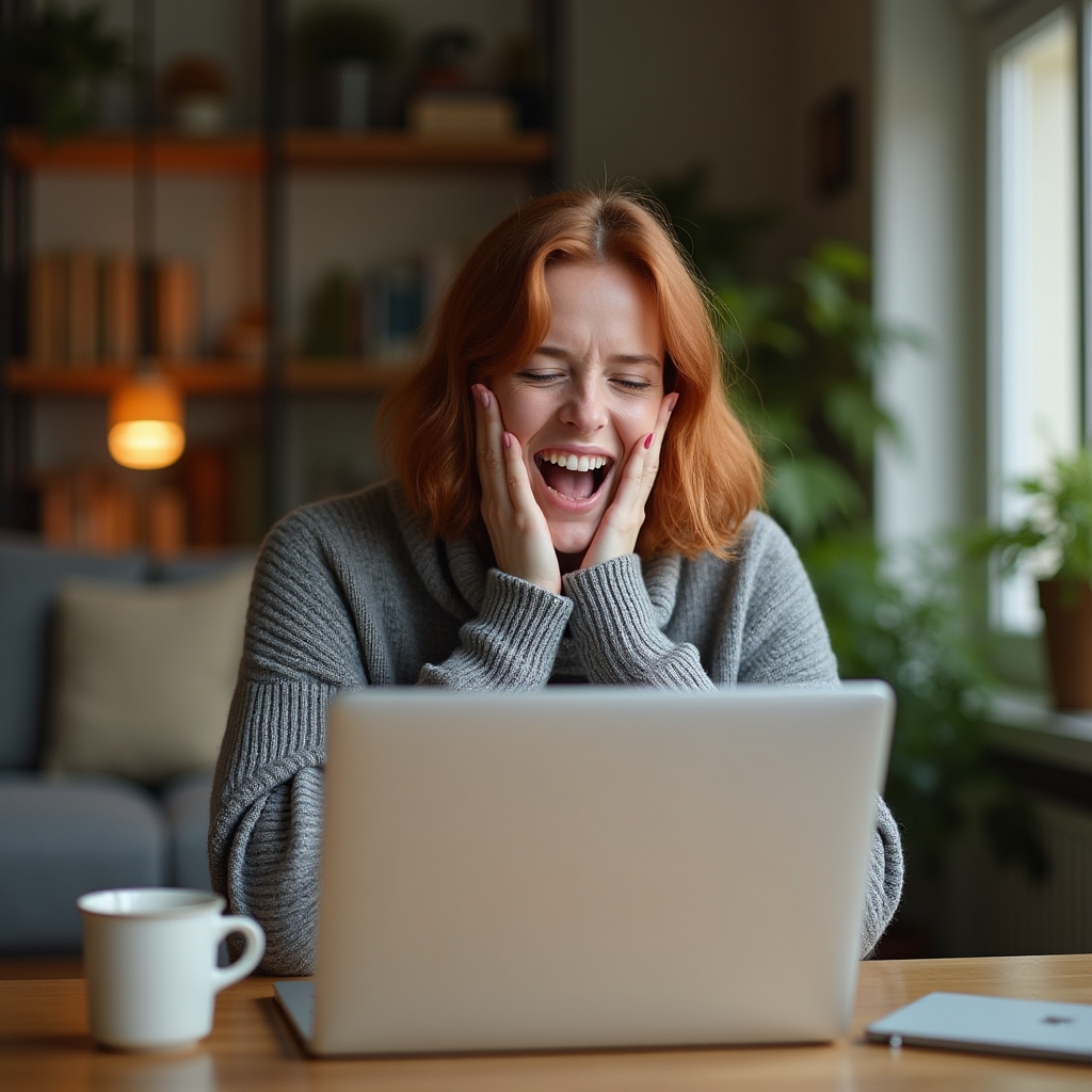 Persona cerrando el portátil al final de la jornada laboral con luz cálida de tarde y taza de té en una habitación acogedora